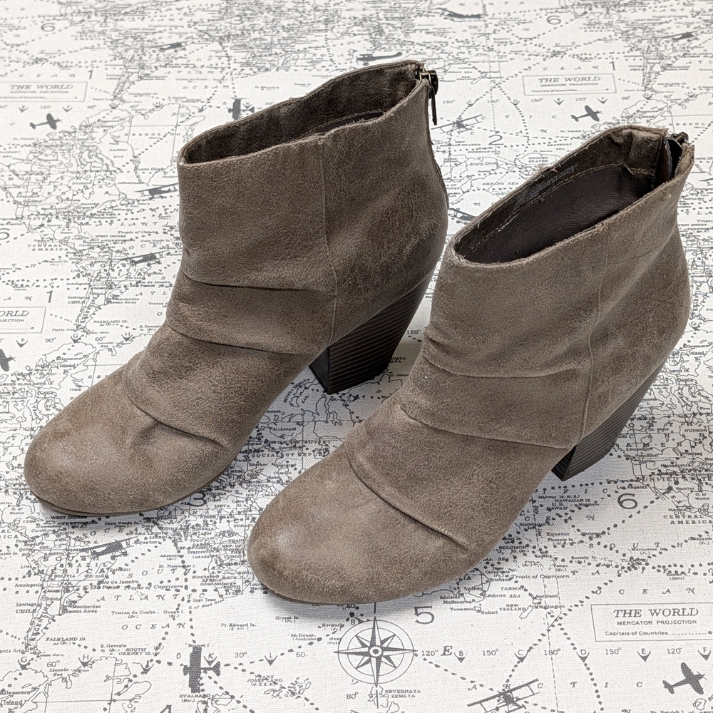Sugar Tahoe Taupe Distressed Fabric Ankle Boots - Size 8M